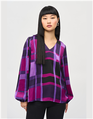 JOSEPH RIBKOFF PURPLE-BLACK SATIN PLAID PRINT TOP