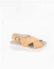 PAULA URBAN CAMEL LEATHER CROSS OVER LOW WEDGES