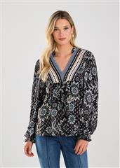 FDJ PRINT LACE NECKLINE TOP 